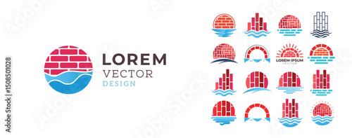 Unique brick wall sea sun vector design bundle