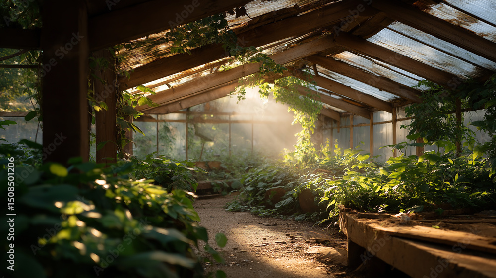 Fototapeta premium Inside dusty greenhouse filled with wild overgrowth,sunbeams through cracked roof, peaceful decay