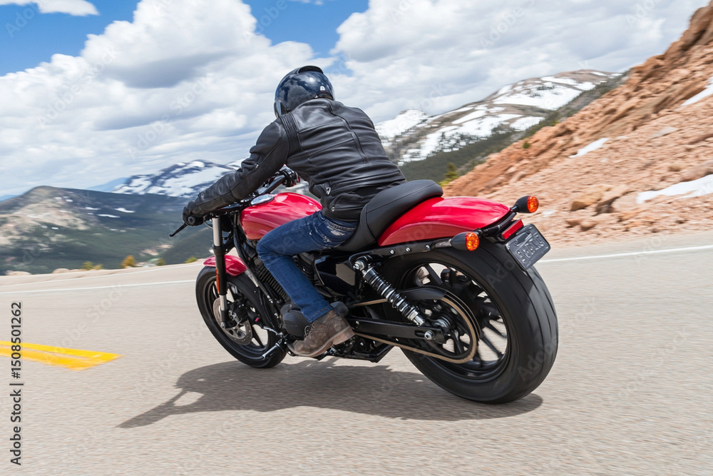 Obraz premium Riding a motorcycle on a beautiful winding road through lush green hills on a sunny day