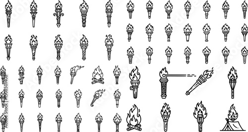 Icon set featuring various styles of flaming torches for design and digital applications
