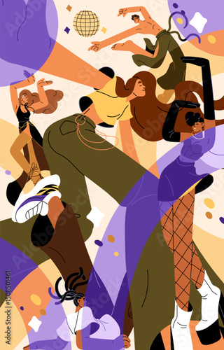 Poster with happy dancers in light of disco ball. Fashion people dance, move by trendy music in nightclub. Crowd of youth, teenagers has fun at the party in night club. Flat vector illustration