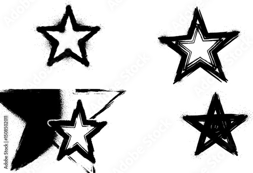 Grunge black star brush strokes created with spray paint. A hand-drawn doodle star texture featuring rough, modern elements.
