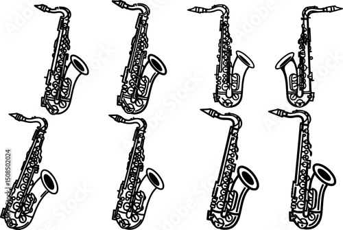 Two distinct saxophone icons showcasing a classic musical instrument in a minimalist style suitable for graphic design projects
