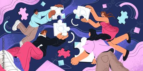 Concept of teamwork and partnership. Group of colleagues is coworking. Employees work together. Communication and development in team. People put puzzle, share business ideas. Flat vector illustration