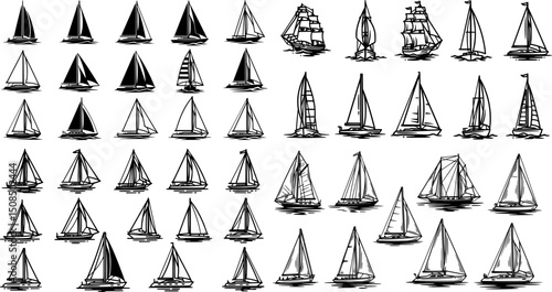 Vector illustration icons of sailboats on water showcasing various designs and styles

