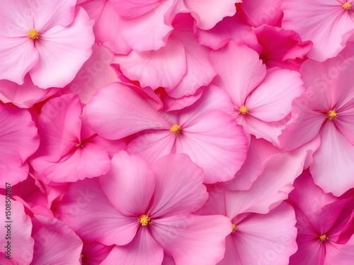 A close up shot of a pile of pink flowers with yellow centers filling the entire frame completely isolated with white background