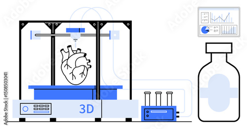3D printer creating a human heart model with lab equipment, test tubes, and data screen. Ideal for biotech, technology, innovation, research, healthcare, medical advancement simple landing page