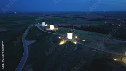 Aerial view of the windmills of Alcázar de San Juan, Ciudad Real, Castilla-La Mancha, Spain	