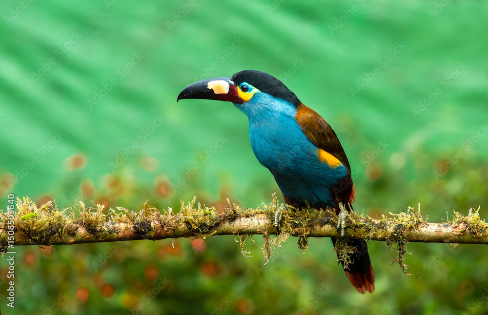 Fototapeta premium The mountain plate-billed toucan is native to the western slopes of Ecuador and extreme southern Colombia, and inhabits the high-altitude moist montane forests of the Andes.