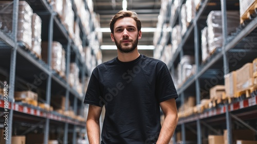 Young Male Warehouse Worker in Black Shirt Standing Confidently with Hands in Pockets