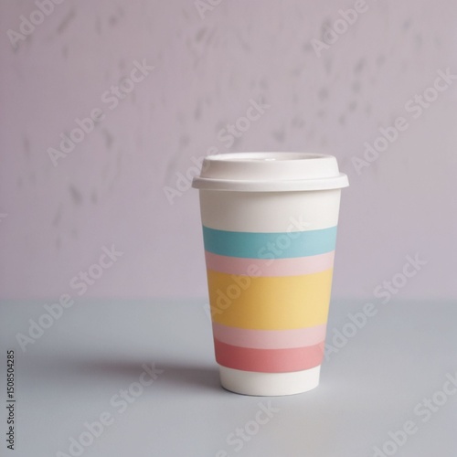 Colorful plastic cups and a coffee cup are on a table
