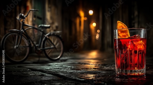 Negroni Cocktail Night Street Italy Bicycle.