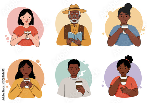 A collection of diverse cartoon characters, each holding a coffee cup, engaging in various social interactions.