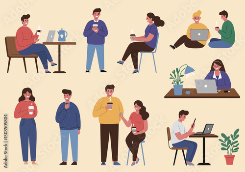 Vibrant illustration showcases a variety of people of different ages and ethnicities relaxing in a cafe environment.