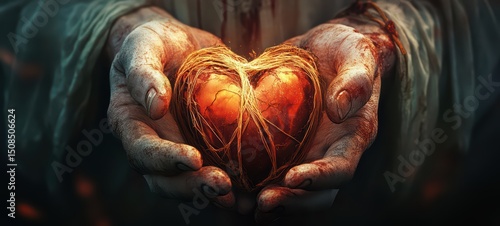 A surreal image of Jesus hands holding a broken heart