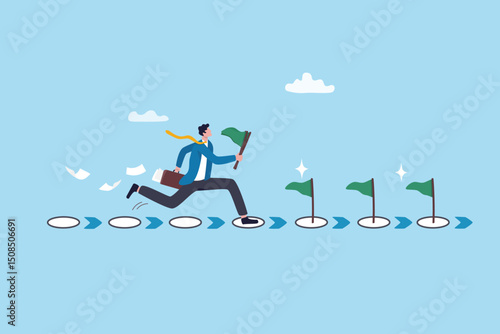 Milestone or roadmap achievement, business success journey, progress to reach goal, motivation to accomplishment, aspiration concept, businessman run to grab completed milestone success flag.