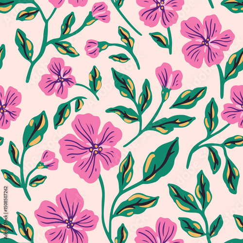 Seamless floral pattern, abstract ditsy print with hand drawn branches in vintage folk motif. Artistic botanical design, ornament of pink flowers, stems, large green leaves. Vector illustration.