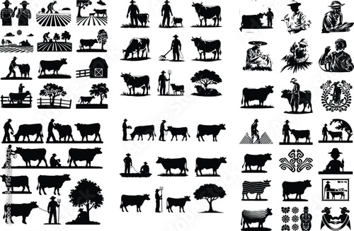 Farmer with Cow Silhouette Set – Rural Life Vector Collection Village Farmer and Cow Scene – Black Silhouette Bundle