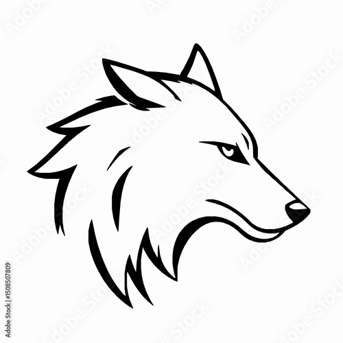 Powerful black and white vector illustration of a wolf head profile with intense gaze