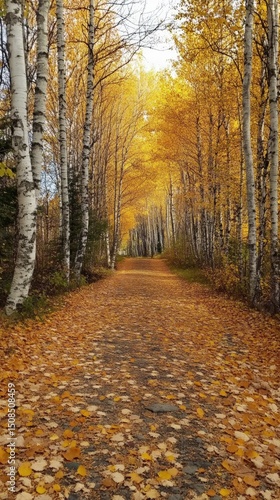 Colorful autumn trail lined with golden leaves and birch trees in a serene landscape
