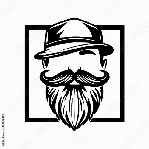 Illustrated portrait of a stylish bearded man wearing a hat inside a framed square