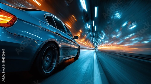 A vibrant blue vehicle speeds through a tunnel of light, captured with motion blur, conveying speed and velocity in this dynamic shot.