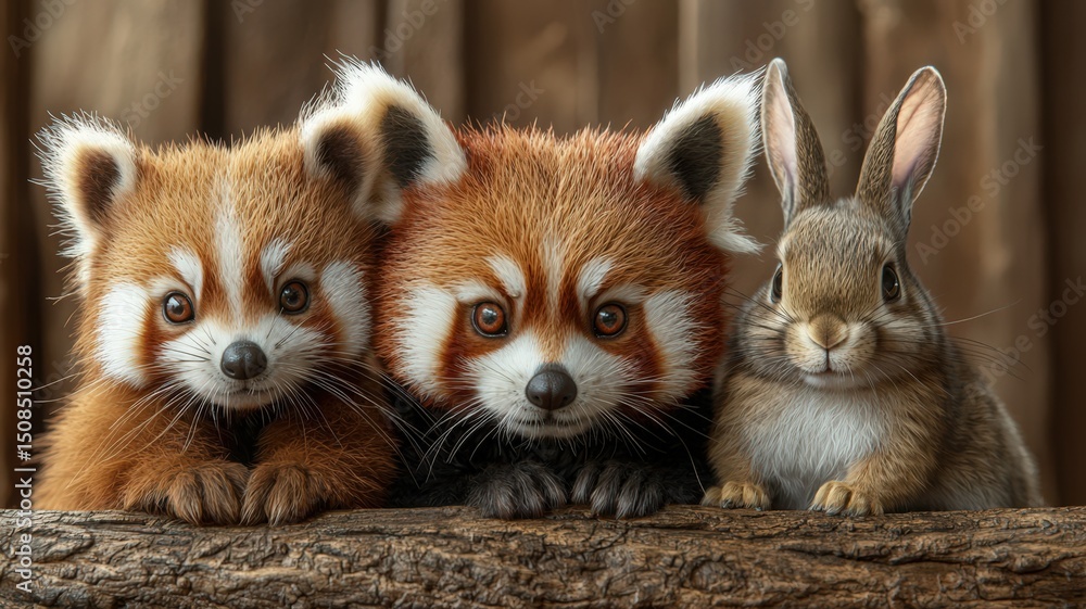 Obraz premium Group of Three Adorable Red Pandas, a Squirrel and a Bunny Sitting Together on a Log