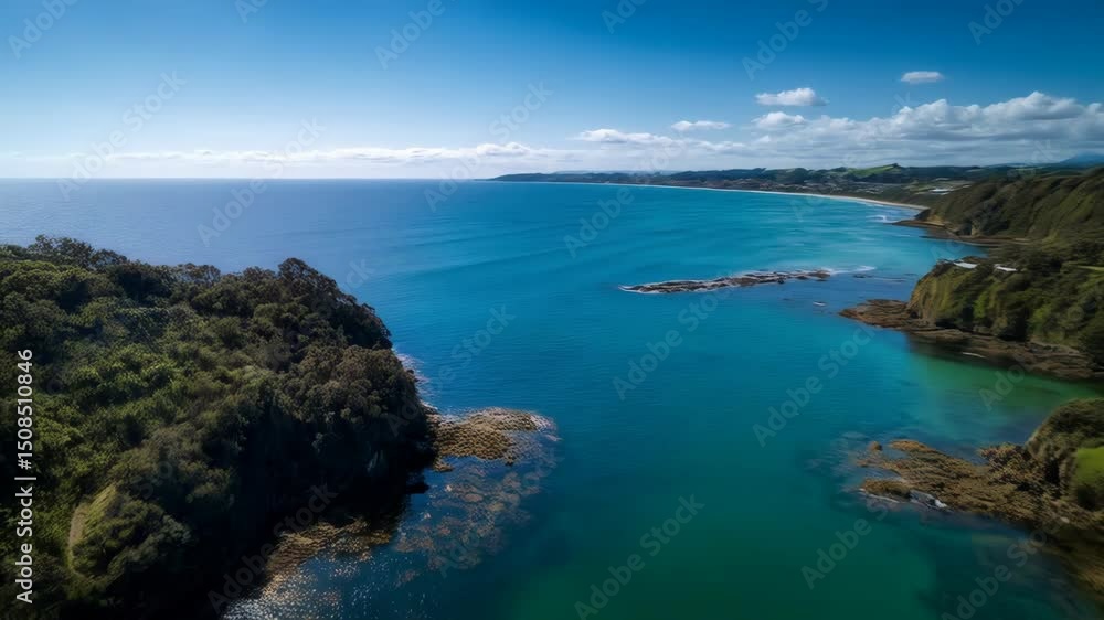 Turquoise ocean waters meet green tropical coastline, sandy beach stretches to horizon under blue sky with white clouds, aerial view Turquoise ocean waters meet green tropical coastline, sandy beach stretches to horizon under blue sky with white clouds, aerial view