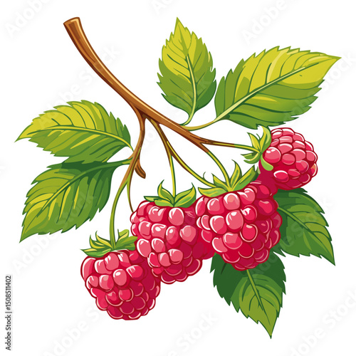 Branch of ripe raspberries color vector illustration. Image of summer red berry with leaves on isolated background. For packaging design and print for clothes
