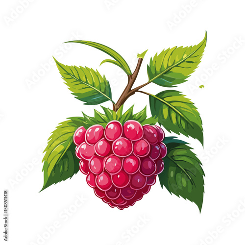 Branch of ripe raspberries color vector illustration. Image of summer red berry with leaves on isolated background. For packaging design and print for clothes