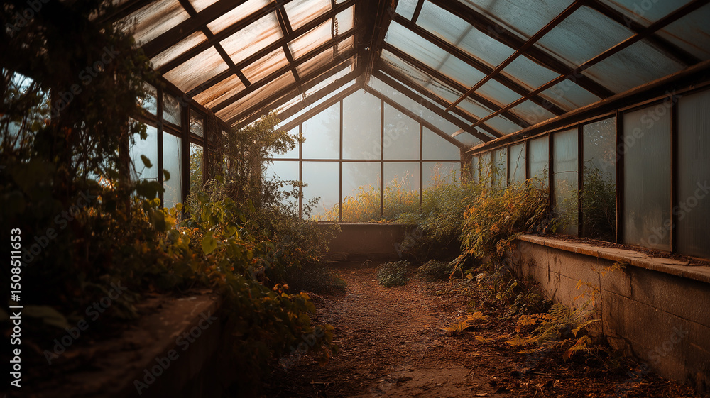 Fog rolling into ruined greenhouse full of overgrowth, soft muted light, moody abandoned feel Fog rolling into ruined greenhouse full of overgrowth, soft muted light, moody abandoned feel
