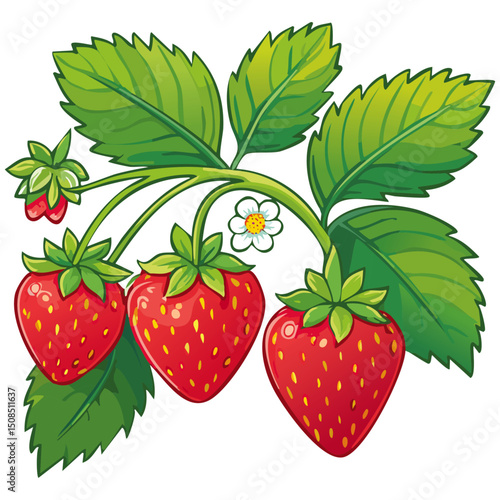 Branch of ripe strawberries color vector illustration. Image of summer red berry with leaves on isolated background. For packaging design and print for clothes