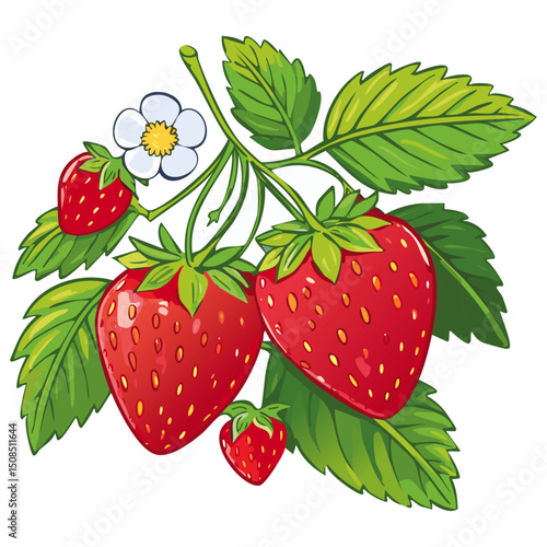 Branch of ripe strawberries color vector illustration. Image of summer red berry with leaves on isolated background. For packaging design and print for clothes