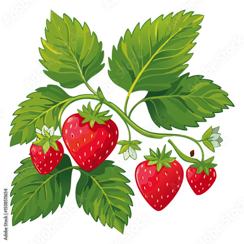 Branch of ripe strawberries color vector illustration. Image of summer red berry with leaves on isolated background. For packaging design and print for clothes