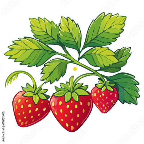 Branch of ripe strawberries color vector illustration. Image of summer red berry with leaves on isolated background. For packaging design and print for clothes