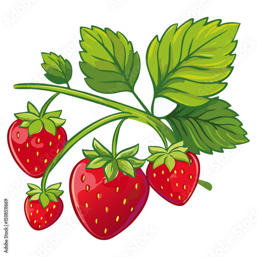 Branch of ripe strawberries color vector illustration. Image of summer red berry with leaves on isolated background. For packaging design and print for clothes