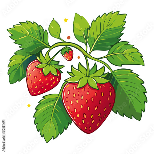 Branch of ripe strawberries color vector illustration. Image of summer red berry with leaves on isolated background. For packaging design and print for clothes