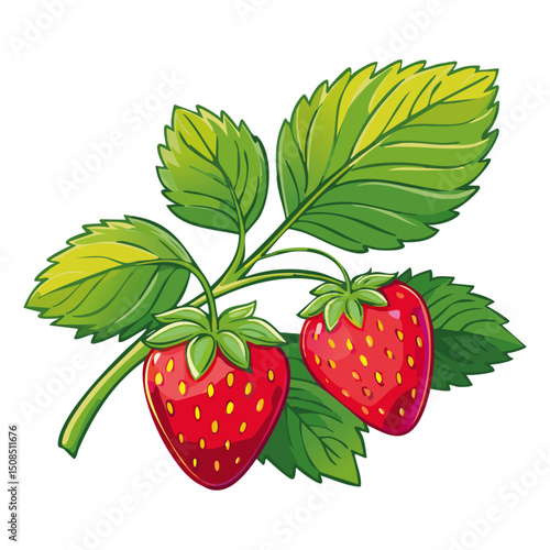 Branch of ripe strawberries color vector illustration. Image of summer red berry with leaves on isolated background. For packaging design and print for clothes