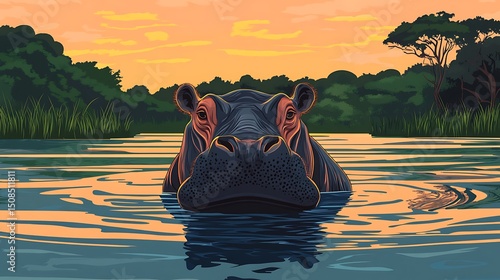 Hippopotamus in a tranquil river landscape at sunset.