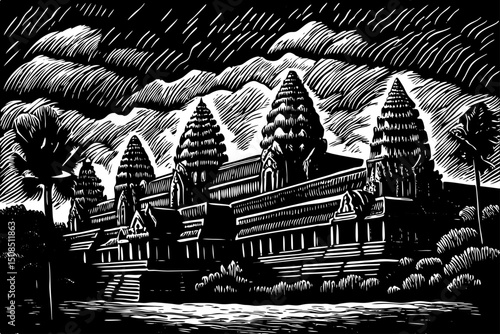Angkor Wat illustration black and white isolated hand drawn sketch