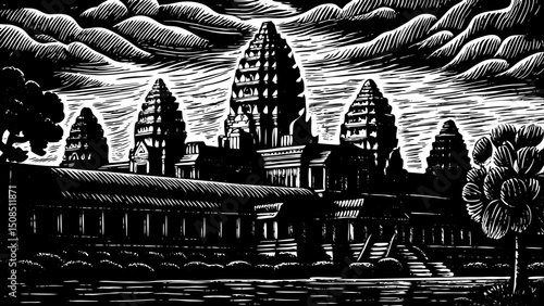 Angkor Wat illustration black and white isolated hand drawn sketch