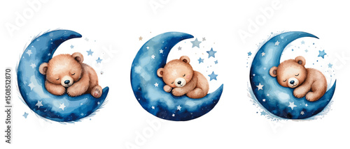 Teddy bear sleeps sweetly on the moon, in blue shades - vector watercolor illustrations for Babyshower for boy, for birthday