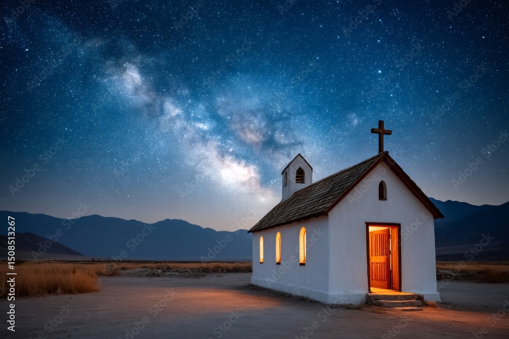 Small church illuminated under the milky way in the desert Small church illuminated under the milky way in the desert