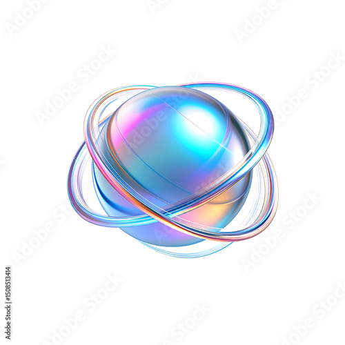 Abstract iridescent sphere with glowing rings design on transparent background