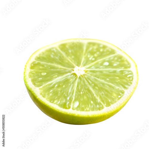 A single half slice of a lime with a green and yellow rind isolated on a black background close up view isolated with white background