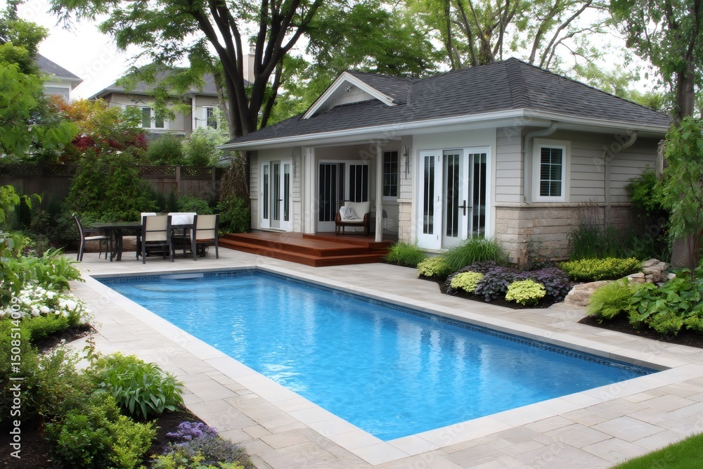 Inviting backyard pool area with lush landscaping and patio furniture Inviting backyard pool area with lush landscaping and patio furniture