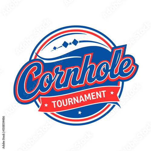Cornhole Tournament Logo with Bold Typography, Vector graphic of a cornhole tournament logo featuring bold script and banner text, ideal for event branding or promotional use.

