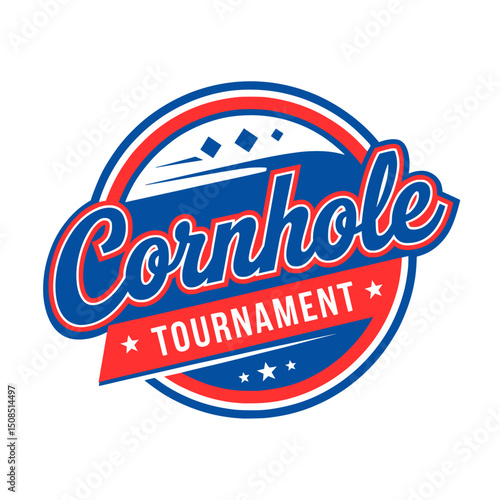 Cornhole Tournament Logo with Bold Typography, Vector graphic of a cornhole tournament logo featuring bold script and banner text, ideal for event branding or promotional use.

