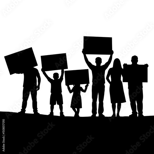 Group of people holding signs while standing together in silhouette  