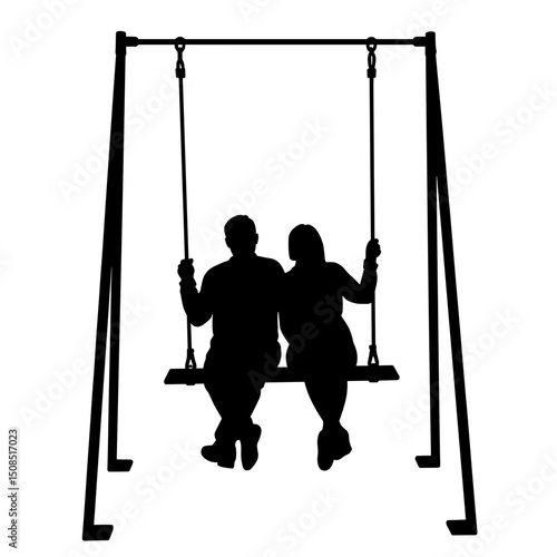 Silhouetted couple sitting on swings together in a playful park setting  